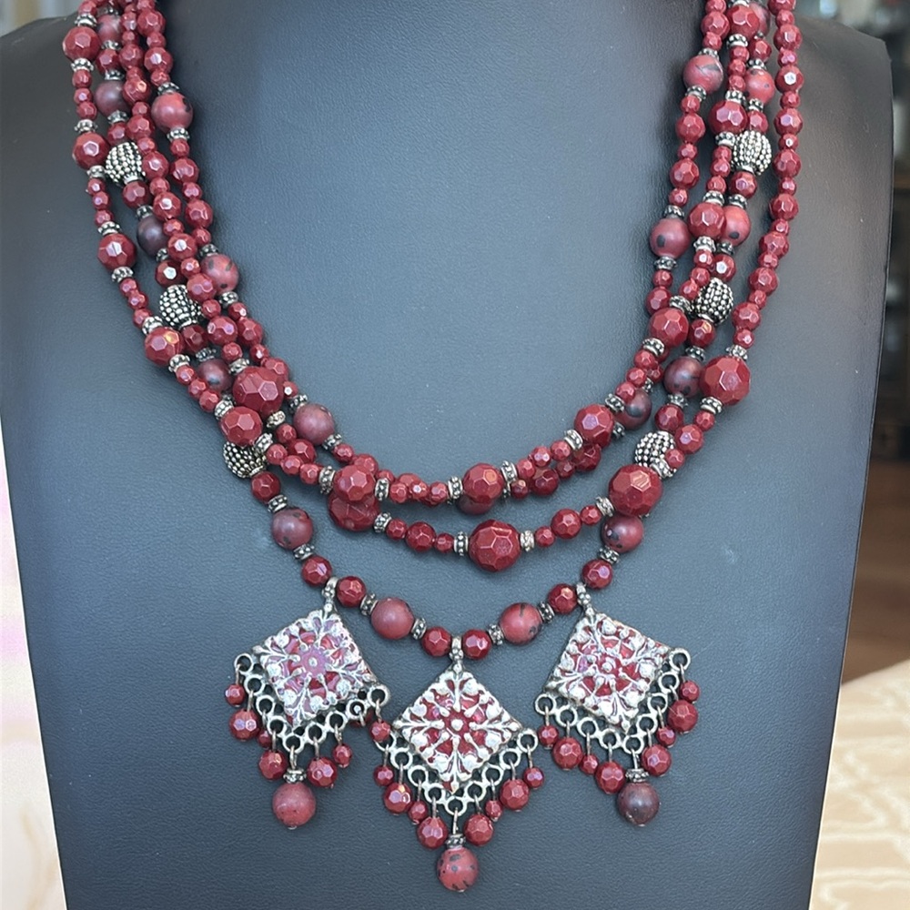 Chico's Multi Stranded Red Silver Statement Neckl… - image 3